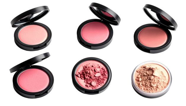 Six compacts of blush in various shades, open, displayed on a black background
