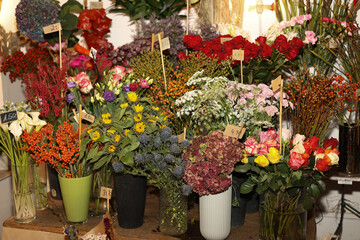 A flower shop with fresh flowers.