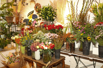 Fototapeta premium Flowers on the window of flower shop.