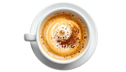 Overhead view of a cappuccino in white cup on saucer, swirl design, brown powder