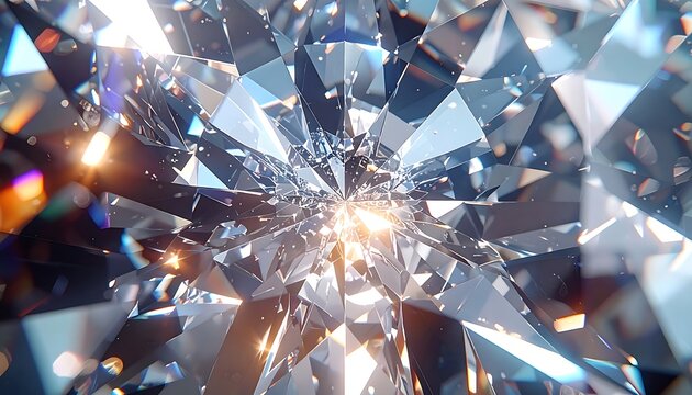 Close-up of a brilliant-cut faceted gemstone, with light refraction