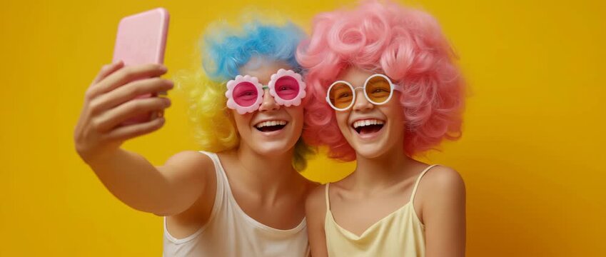 Two happy friends in colorful wigs laughing while taking a selfie. Young women in funny sunglasses posing with a phone against a yellow background. Friendship and fun concept