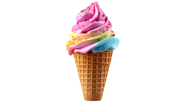 A rainbow-swirled soft serve ice cream cone with sprinkles, against a black background - Powered by Adobe