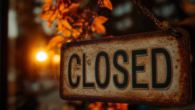 A rustic vintage "Closed" sign hanging on a glass door of a business. Close-up of a shop or restaurant entrance at night with warm lights. Business closure or end of day concept