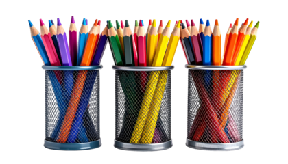 Three mesh pencil holders filled with an assortment of sharpened, vibrant, colorful pencils