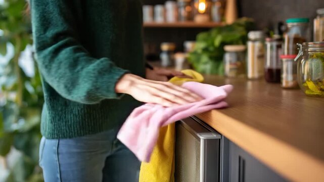 Woman wiping a wooden kitchen countertop with a microfiber cloth. Close-up of daily housekeeping and domestic chores. Home cleaning and hygiene concept