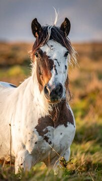 Close-up of a piebald horse gazing into the camera in a field