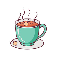 Illustration of a hot chocolate drink in a green mug with marshmallows and steam art design