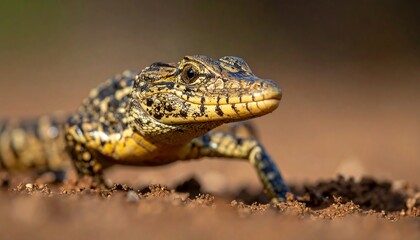 Naklejka premium Close-up of reptile emerging from dirt, focused gaze