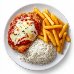 Chicken Parmigiana Meal with Crispy Fries and White Rice, Overhead View