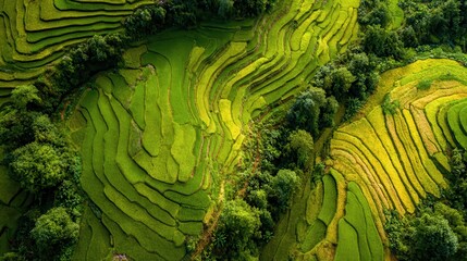 drone aerial shot of lush green rice terraces during harvest season with golden fields layered landscape patterns and scenic agricultural textures in natural countryside copy space