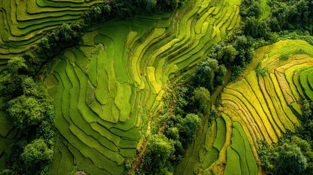drone aerial shot of lush green rice terraces during harvest season with golden fields layered landscape patterns and scenic agricultural textures in natural countryside copy space