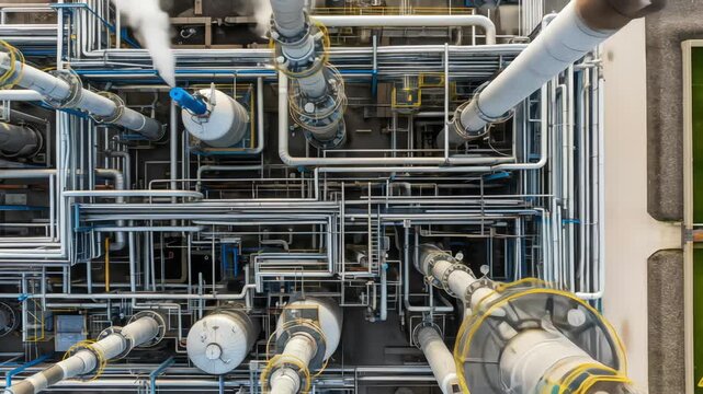 An intricate top-down aerial view of an industrial refinery, showcasing a complex web of pipes, tanks, and steaming vents