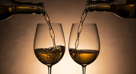Celebrate luxury: Fine white wine being poured into elegant glasses, ideal for upscale events, sophisticated dining, and moments of refined indulgence