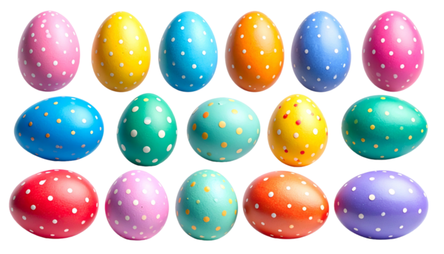 Colorful, dotted Easter eggs arranged in rows on a black background