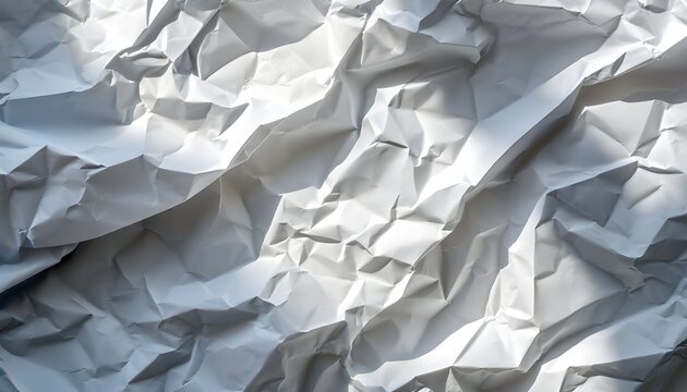 Close-up view of a crumpled white paper texture with intricate folds and shadows creating an abstract background.