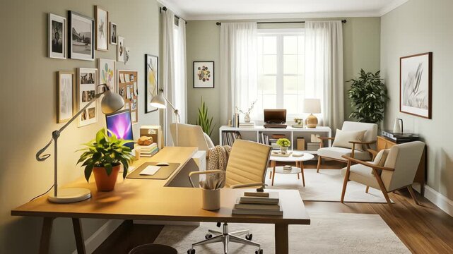 A bright and stylish home office and living room combo with modern furniture, a gallery wall, and lush plants, creating a comfortable and productive work-from-home space