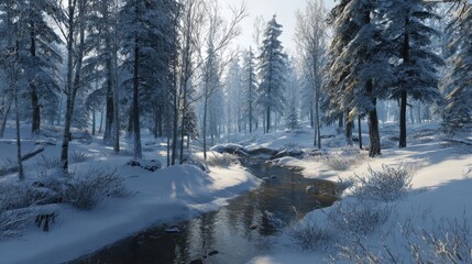 a serene winter landscape with snowcovered trees and a winding stream