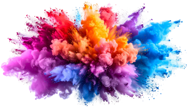 A vivid explosion of colorful smoke bursts outward, creating a dynamic, artistic display