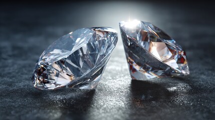 closeup of two faceted diamond gems set on metallic mountings with a shallow depth of field and glittering background