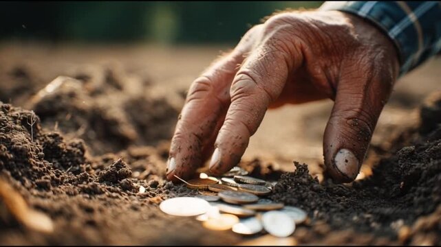 Close-up of a farmer's or entrepreneur's calloused hand dropping a single seed next to a handful of coins, representing investment in the future.