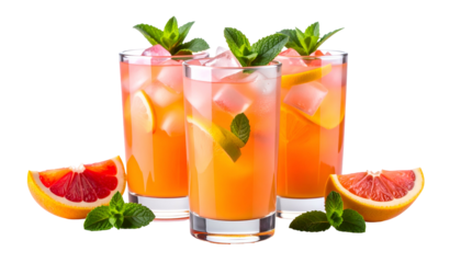 Refreshing citrus drinks with ice, mint, and fruit slices. Three glasses in a row