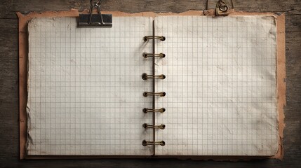 aged grid notebook page with paper clip
