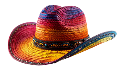 A vibrant cowboy hat, featuring a colorful sunset-inspired design with a decorative band