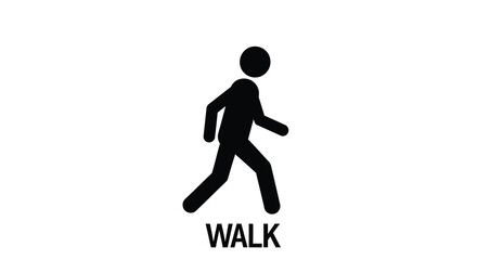 Simple black silhouette of a walking person with the word walk below