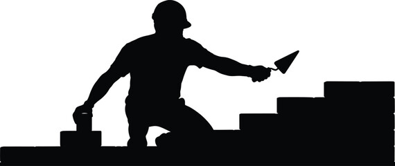 Construction worker laying bricks silhouette cartoon illustration, symbolic labor and expressive gesture artwork for infrastructure and lifestyle design