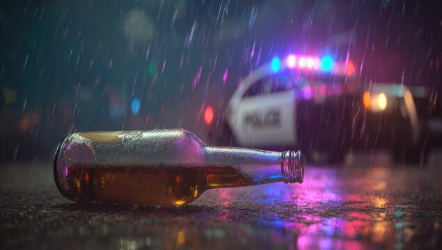 Drunk Driving Scene with Beer Bottle and Police Car.