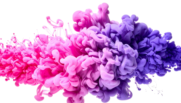 A burst of vibrant pink and purple ink plumes against a stark black background, fluid and dynamic