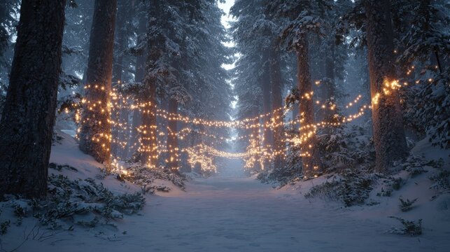 a snowy forest path lined with christmas lights during winter