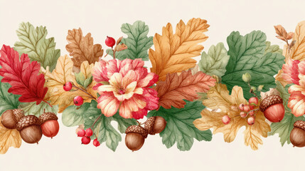 Fototapeta premium Autumnal floral border. Hand-made seamless horizontal design