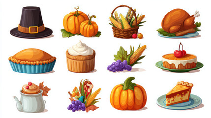 Elements of Thanksgiving cartoons. Harvest festival, pumpkins, turkey, pie, pilgrim hat, harvest, traditional cuisine, a happy family fall holiday, and a clean vector isolated set 