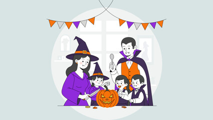 Illustration of family in halloween costume carving pumpkin isolated on white background