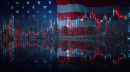 double exposure of american flag and stock market charts with city skyline silhouette