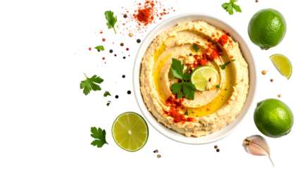 Hummus bowl, oil swirl, paprika, lime slices, parsley, garlic, on black