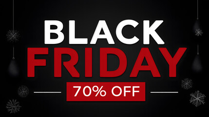Black Friday sale banner, bold red on black, 70% off, wide copy space