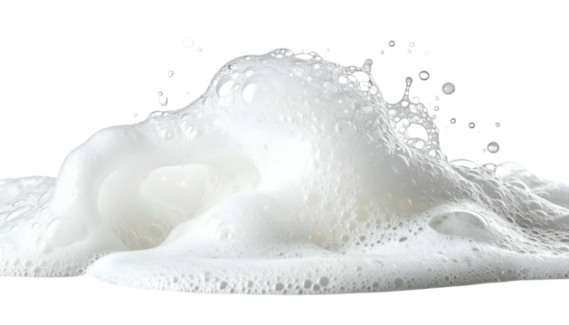 Close-up shot of fluffy, white bubbles and foam against a transparent black background