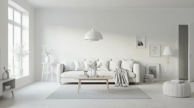 Minimalist living room interior design with white furniture and natural light