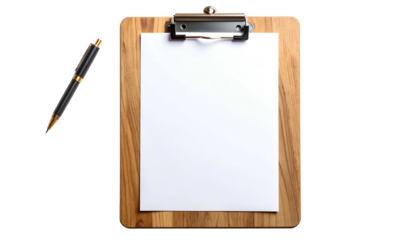 Wooden clipboard with blank white paper and a pen, against a transparent background