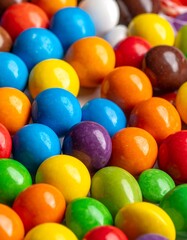 Close-up shot of colorful, spherical candies, filling the frame
