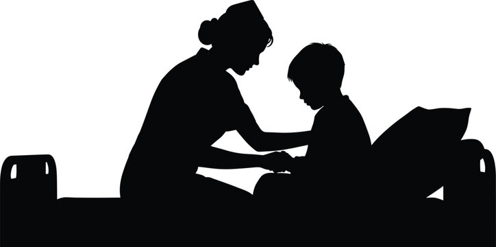 Nurse caring for child silhouette cartoon illustration, symbolic compassion and expressive gesture artwork for healthcare and lifestyle design
