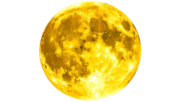 A vibrant, detailed depiction of a celestial body, with textures and hues of gold against black