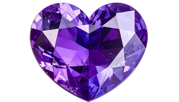 A faceted, heart-shaped gemstone displaying a range of purplish hues, with a reflective surface