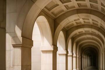 Naklejka premium Arched Stone Walkway Featuring Elegant Architecture and Repeating Patterns Illuminated by Natural Light Creating a Sense of Depth and Perspective