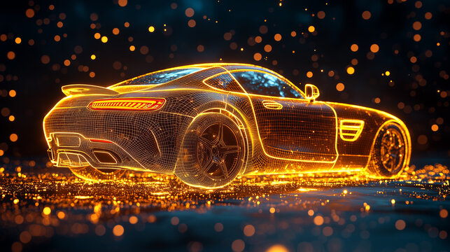 Futuristic digital rendering of a glowing car in a high-tech abstract environment