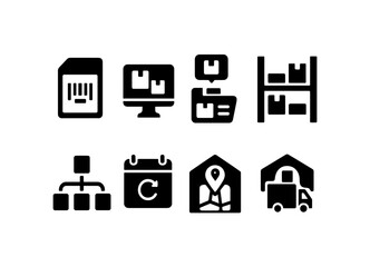 Warehouse, logistic solid icon set. Inventory, transportation icons collection