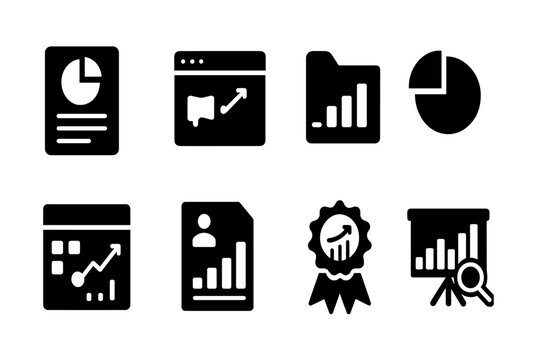 Data analysis solid icon set. Statistical, business chart and graph icons collection